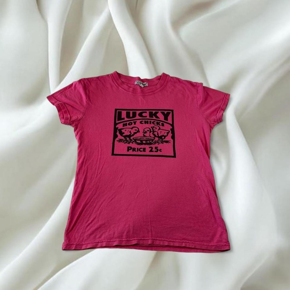 Lucky Brand pink "Lucky Hot Chicks Price $.25" graphic baby tee funny humor y2k
